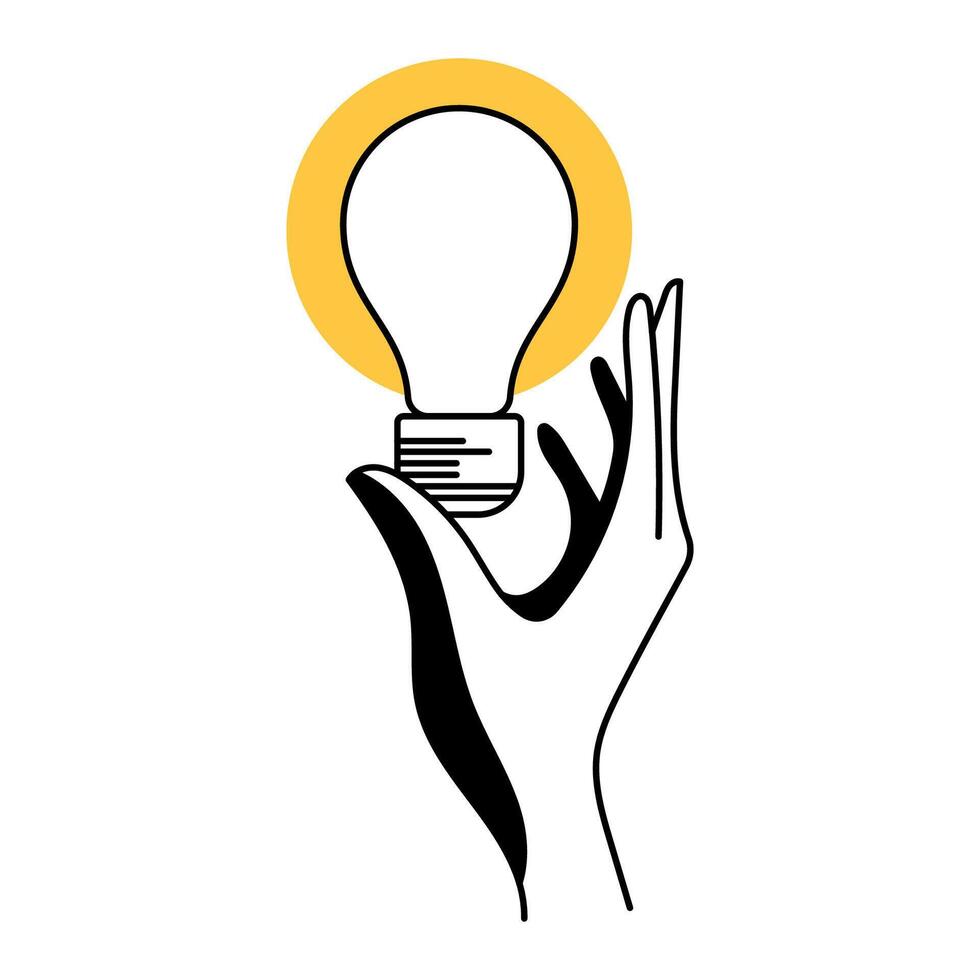 Light bulb idea with hand. Creativity knowledge and discovery innovation big idea. Thin line illustration on white background. vector