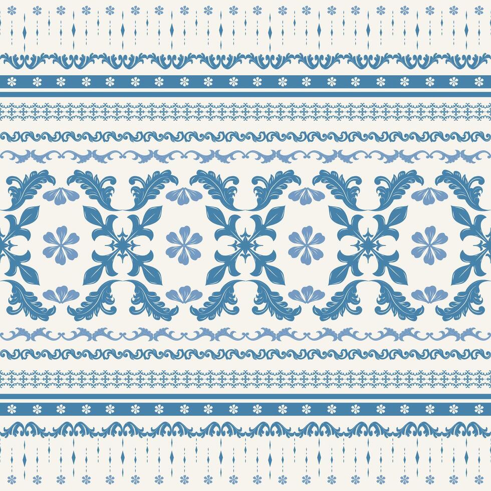 Classy Rich Elegant Scroll Ornament Fleur de lis Blooming Florals Pattern Damask with Porcelain Royal Blue Embroidery Silk Weave Seamless Border Exquisite Elaborate Detailed Decoration Haute Couture vector