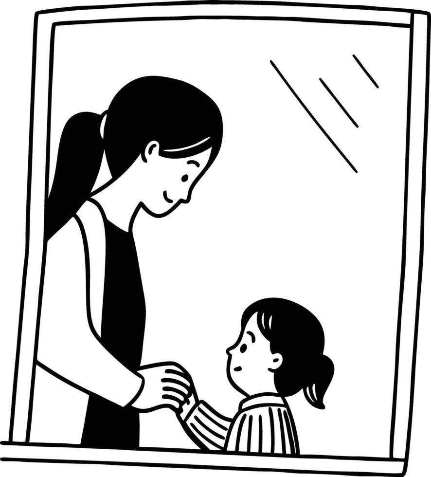 A black and white illustration of a woman and child looking at each other vector