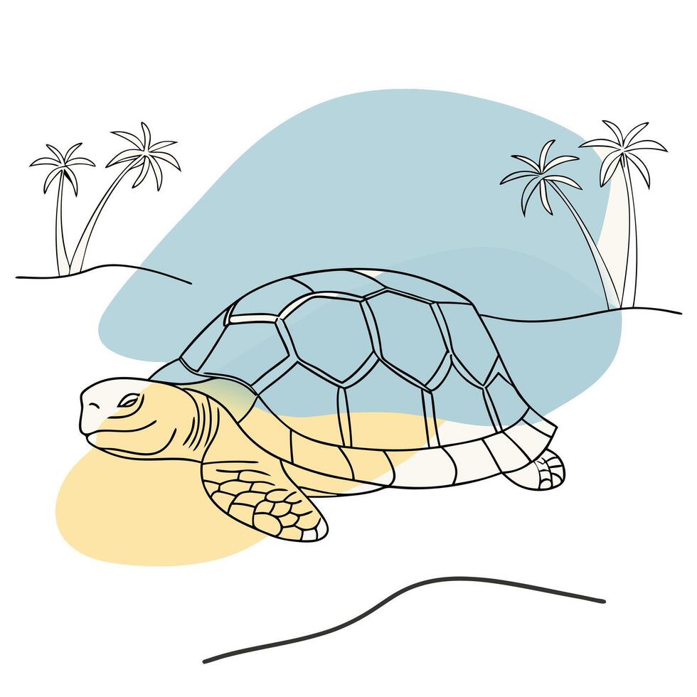 A turtle is walking on the beach with palm trees vector
