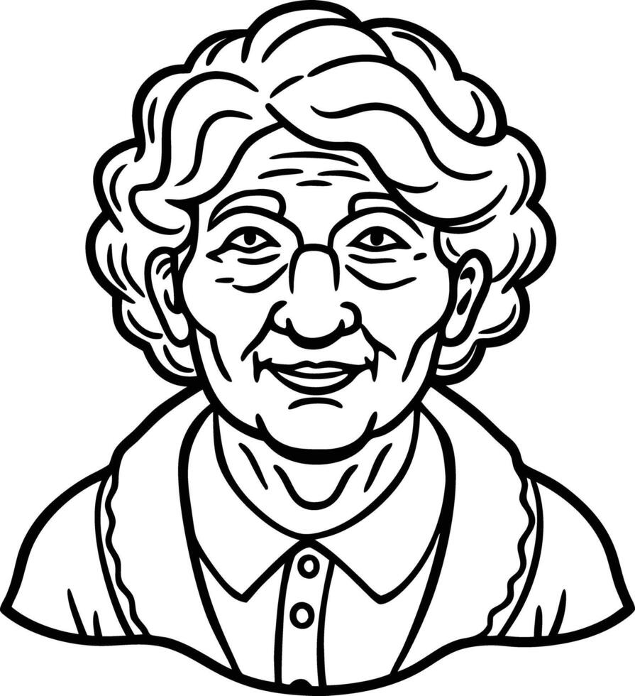 An old woman with a smile on her face coloring page vector