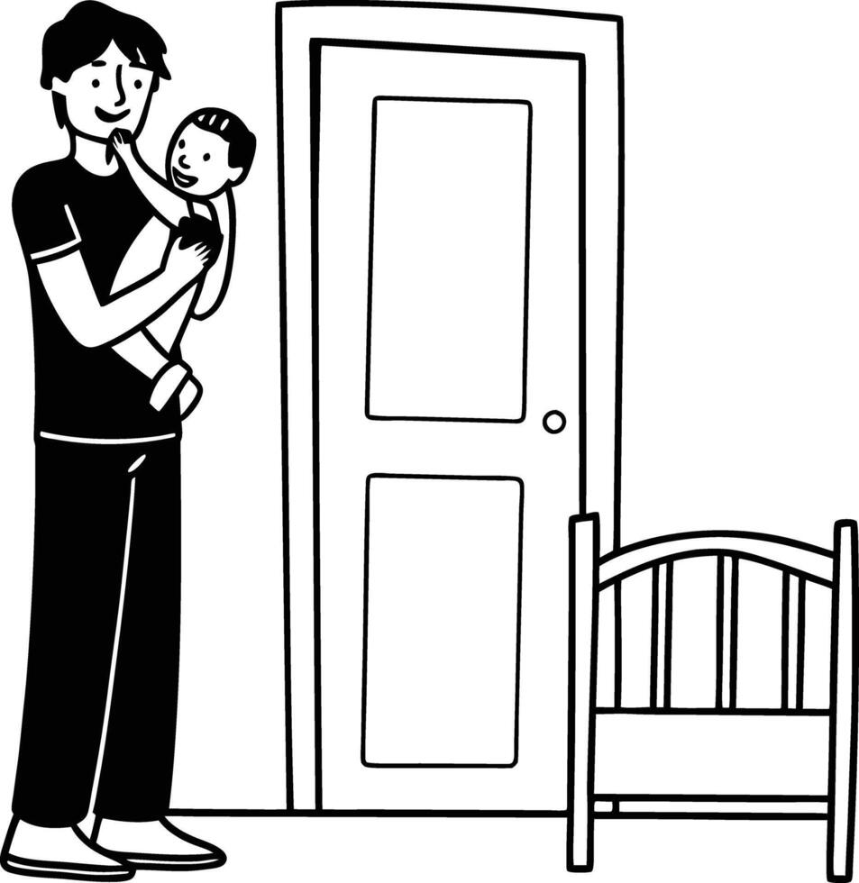 A man holding a baby in his arms and standing in front of a door vector