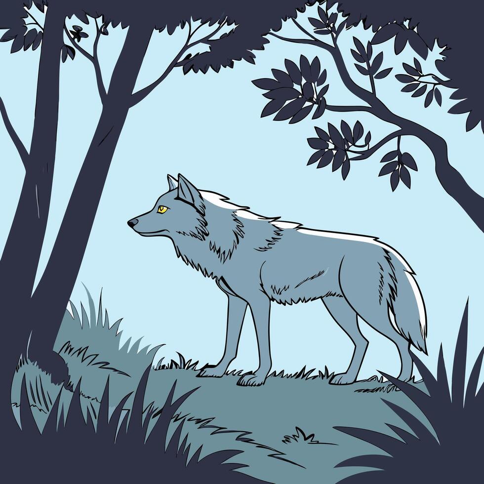 A wolf standing in the woods with trees and grass vector