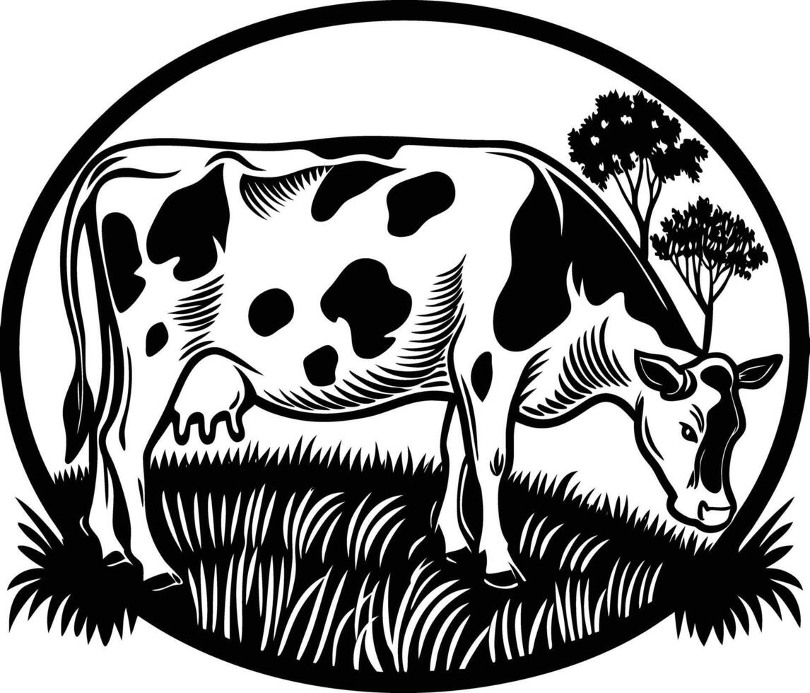 A cow is standing in a circle with a tree in the background vector