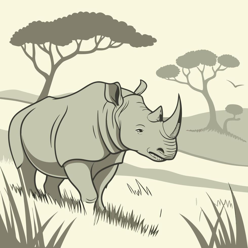 An illustration of a rhino in the savannah vector
