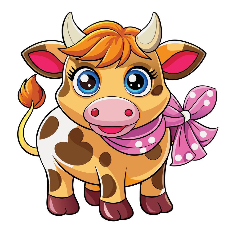 Cartoon cow with pink bow and blue eyes vector