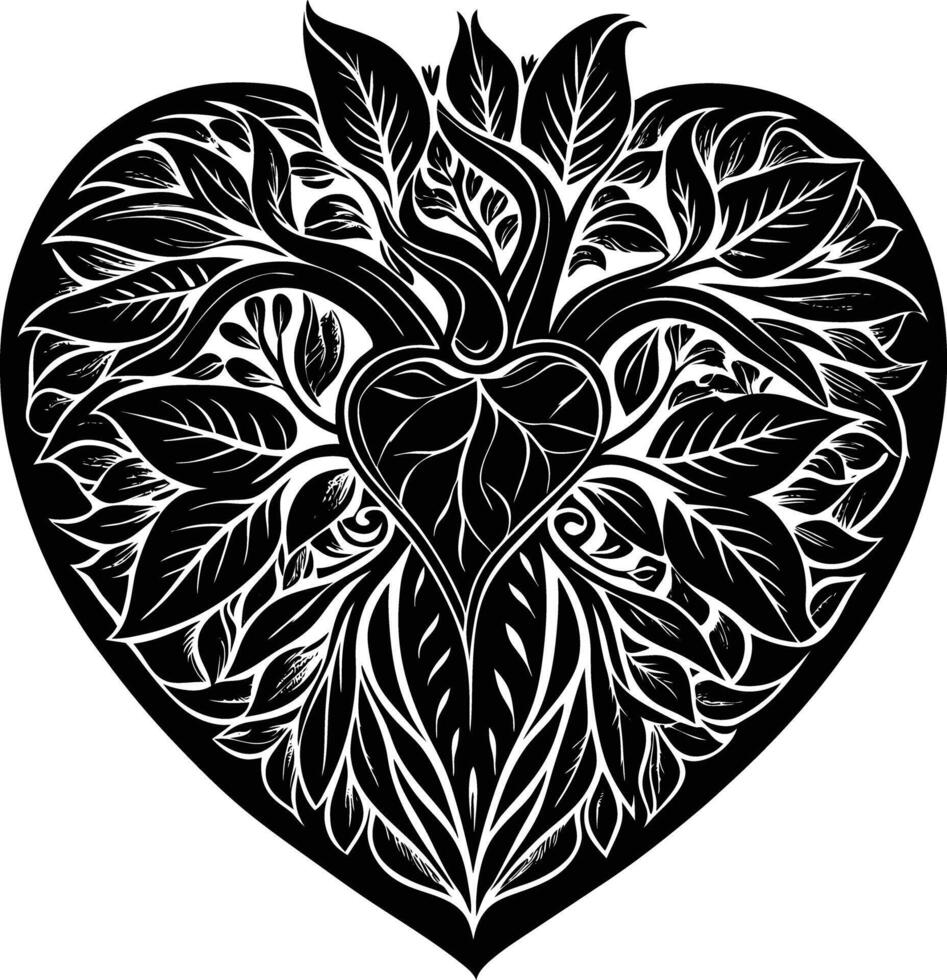 A heart with leaves and vines in the middle vector