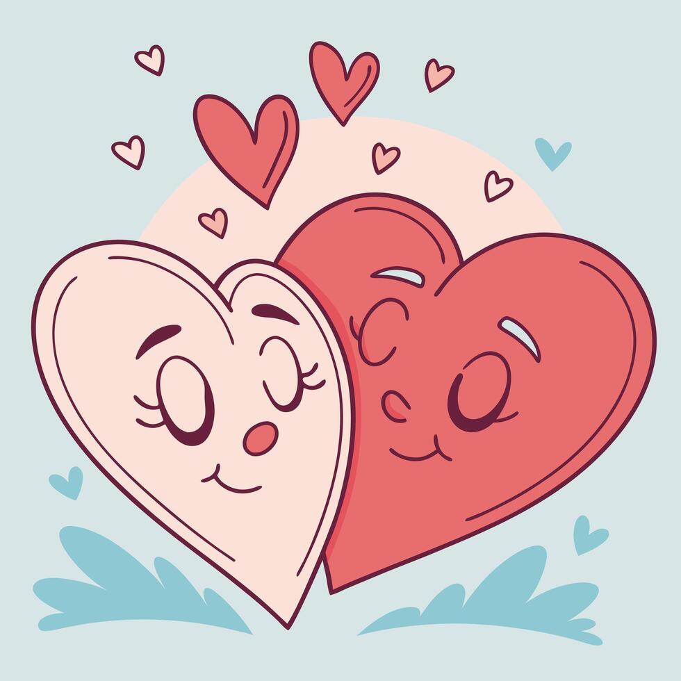 Two hearts with faces and hearts in the background vector