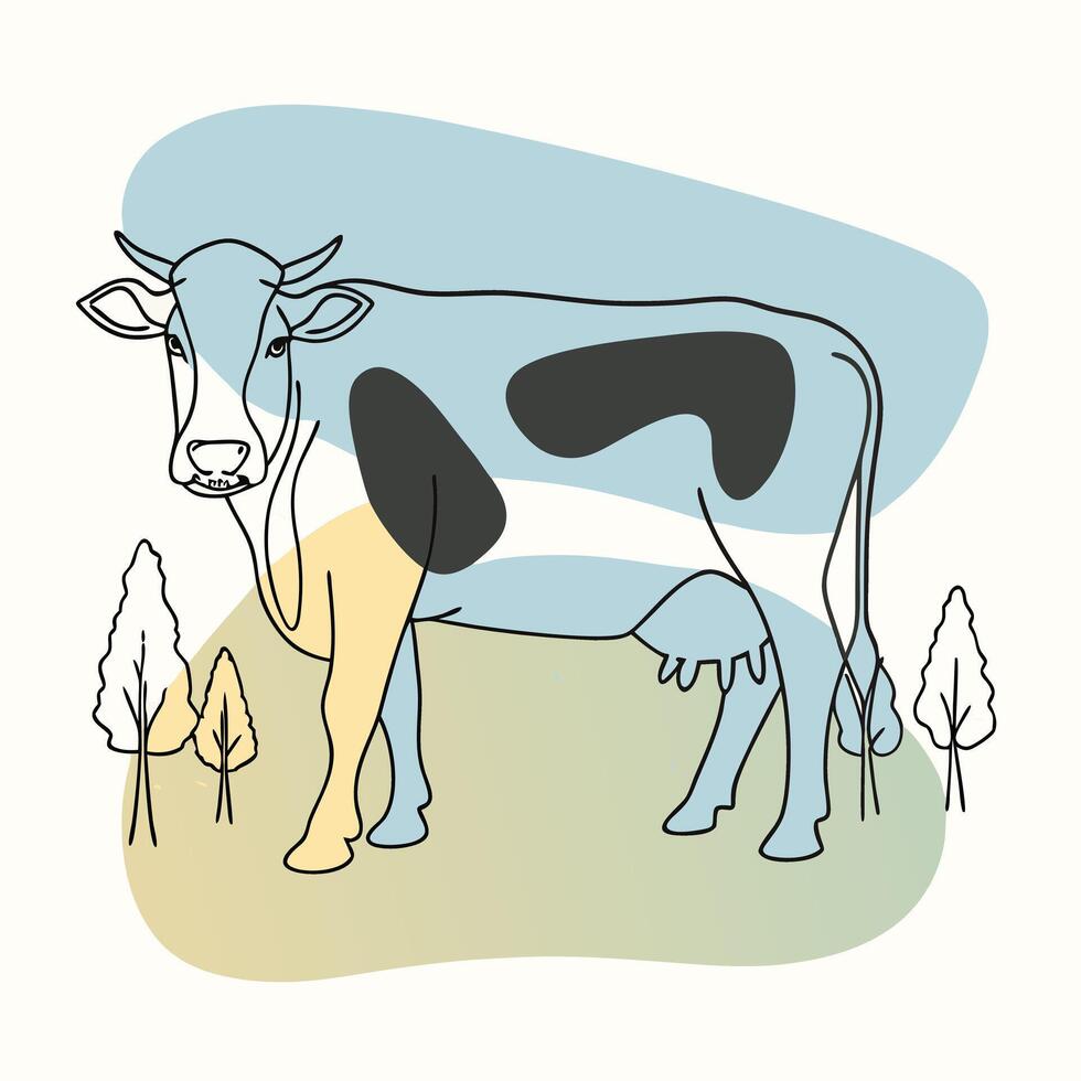 A cow standing in the field with trees and grass vector