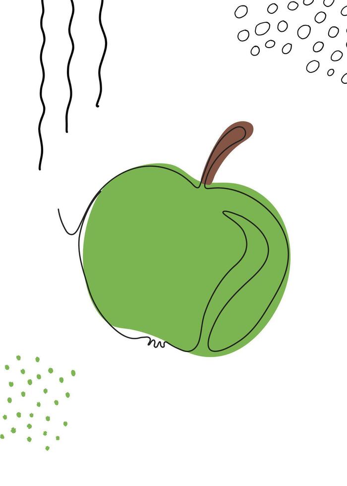 Apple continuous line drawing. One single line organic healthy fruit concept with green color. Minimalism modern style for icon, card or poster and print graphics design vector