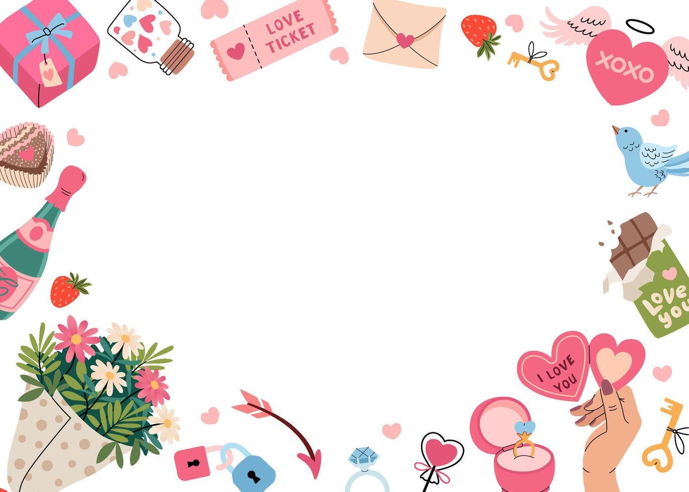 Happy Valentine's Day frame with romantic elements. Horizontal invitation background A4 format. Heart with wings, bouquet flowers, champagne, chocolate, gift and valentine heart. illustration. vector