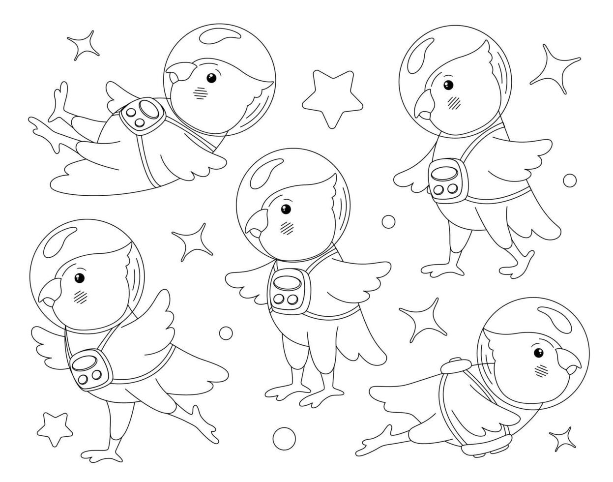 Set of cute parrots astronaut in spacesuit good for coloring page. Hand drawn illustration of a cartoon character of an astronaut. vector