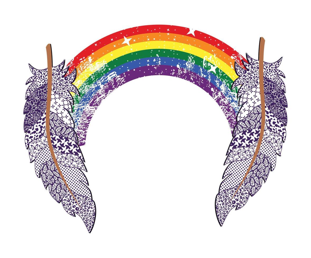 T-shirt design of two feathers joined by a rainbow. Gay pride. Ideal image for Valentine's Day. vector