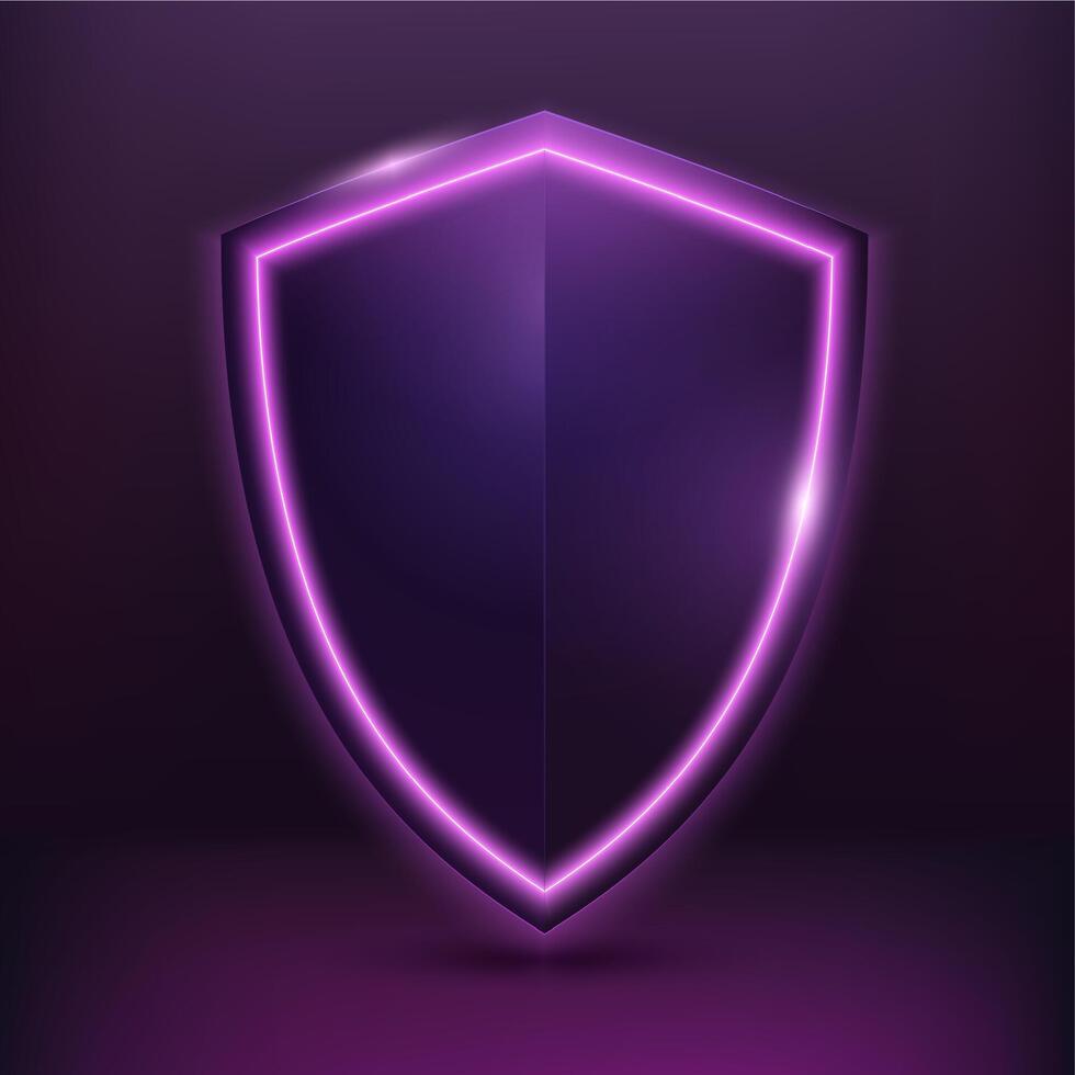 Neon purple shield icon. Cybersecurity, data protection, and digital security concept vector