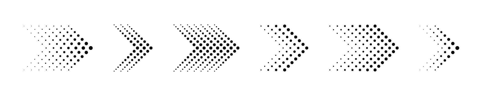 Halftone arrows. Dotted arrow. Direction arrow signs. Flat black arrows with halftone effect. vector