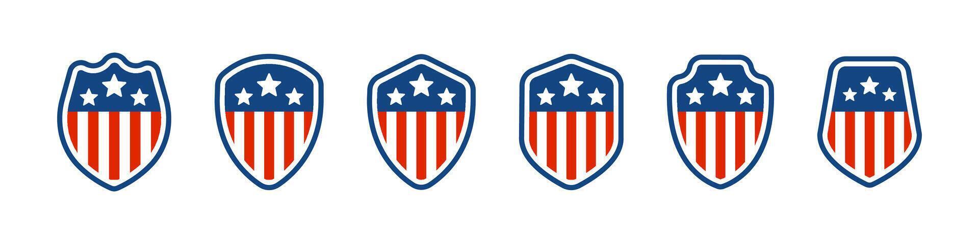 USA shields set. USA national flags. Flag USA on shield. United states symbols. United States of America vector
