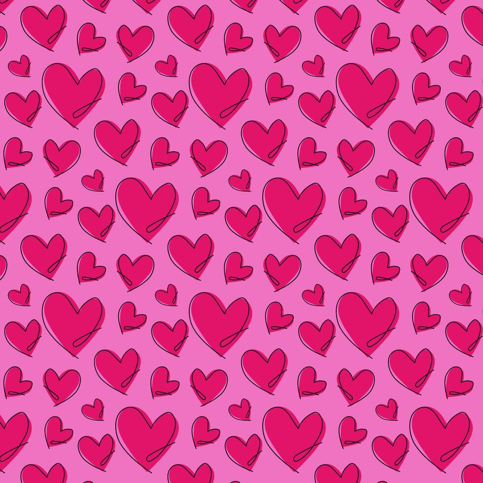 Seamless pattern with hand drawn pink bright hearts. vector