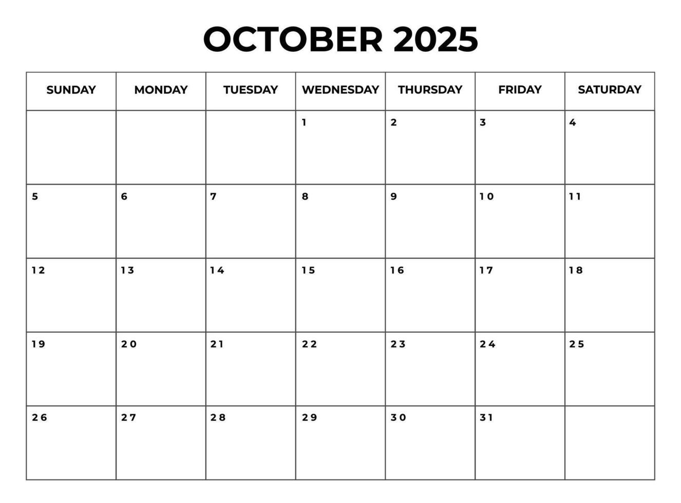 October 2025 Monthly Calendar design with Notes and week starts from sunday vector