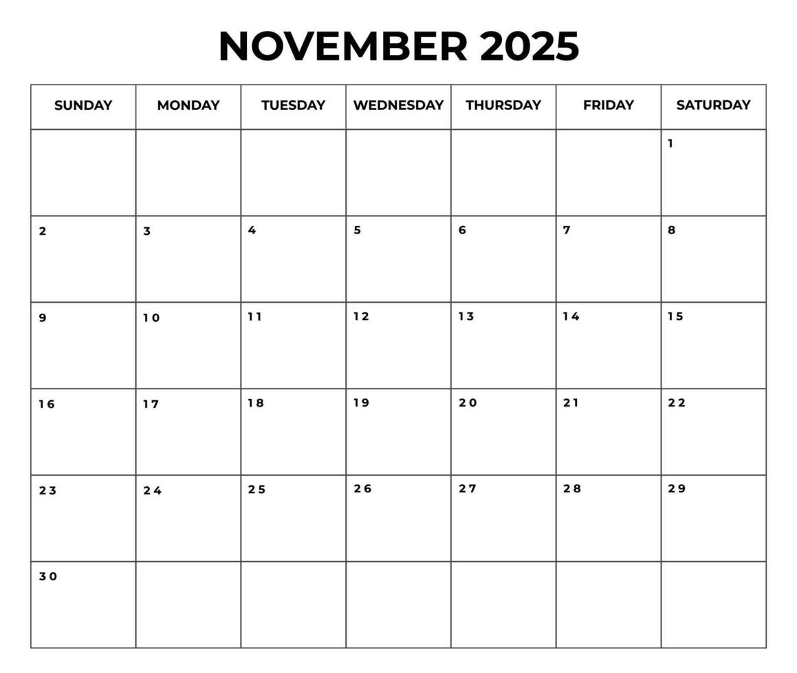 november 2025 Monthly Calendar design with Notes and week starts from sunday vector