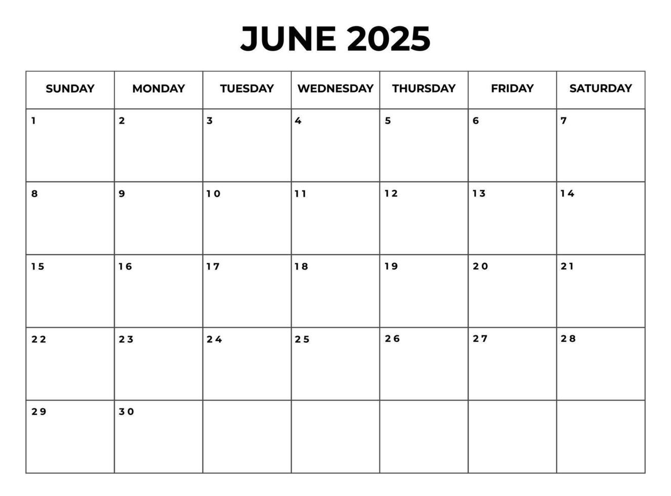 June 2025 Monthly Calendar design with Notes and week starts from sunday vector