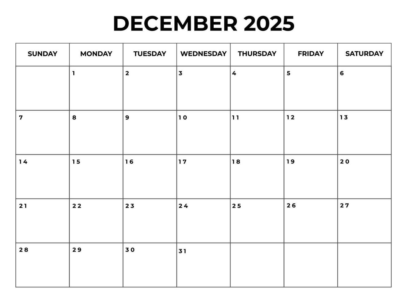 december 2025 Monthly Calendar design with Notes and week starts from sunday vector