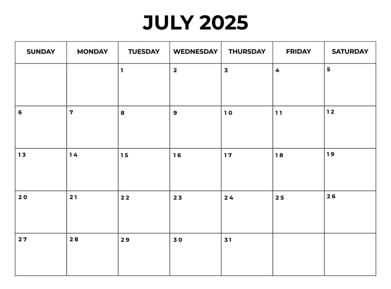 July 2025 Monthly Calendar design with Notes and week starts from sunday vector