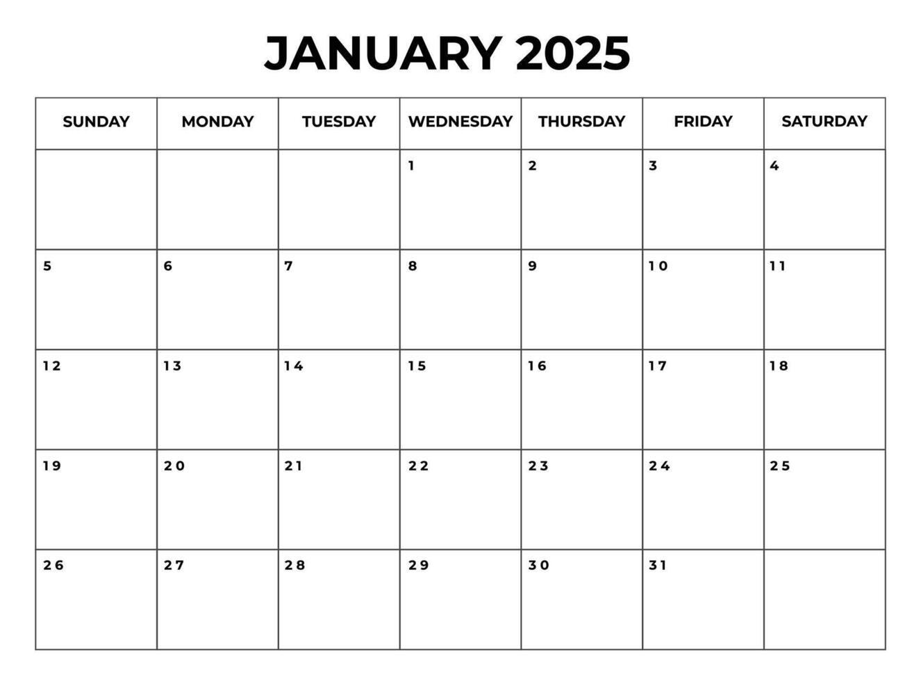 January 2025 Monthly Calendar design with Notes and week starts from sunday vector