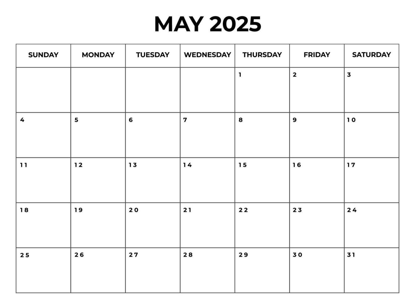 May 2025 Monthly Calendar design with Notes and week starts from sunday vector