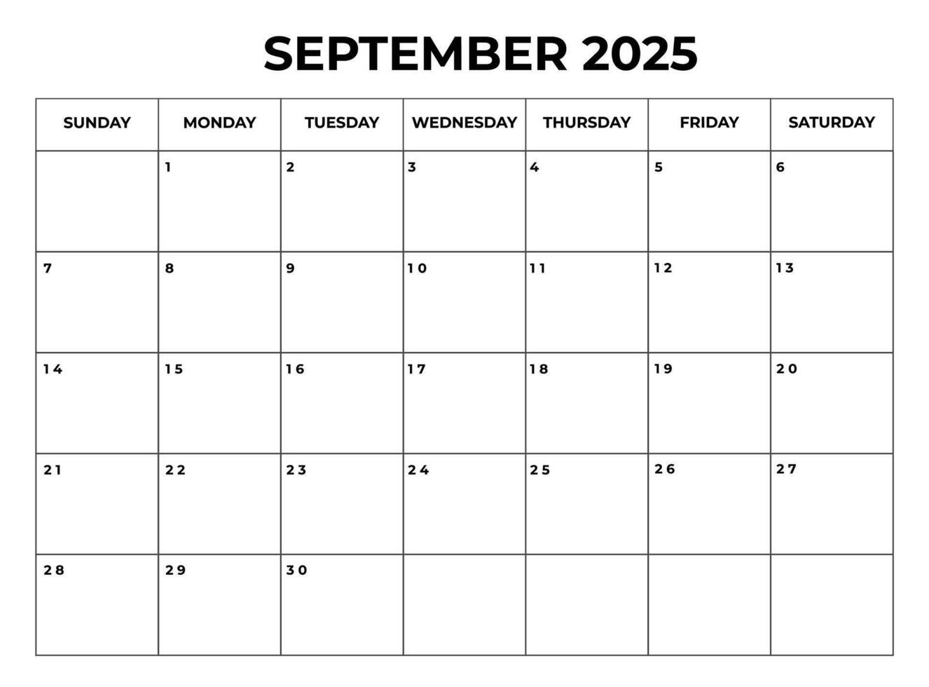 September 2025 Monthly Calendar design with Notes and week starts from sunday vector