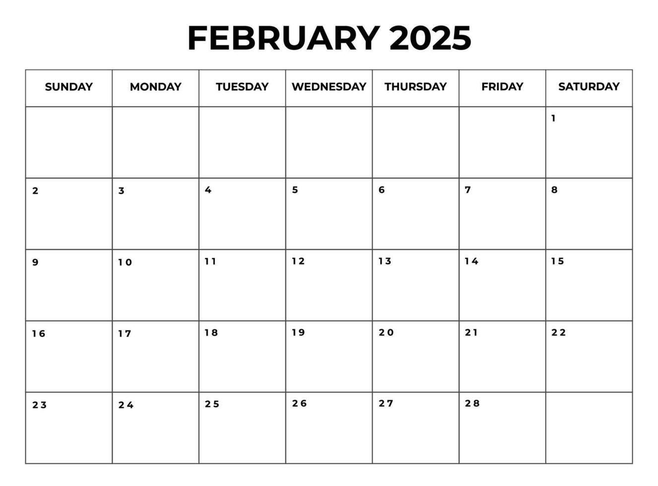 February 2025 Monthly Calendar design with Notes and week starts from sunday vector
