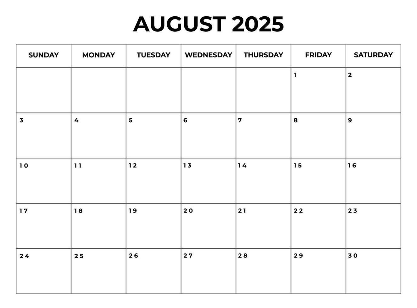 August 2025 Monthly Calendar design with Notes and week starts from sunday vector