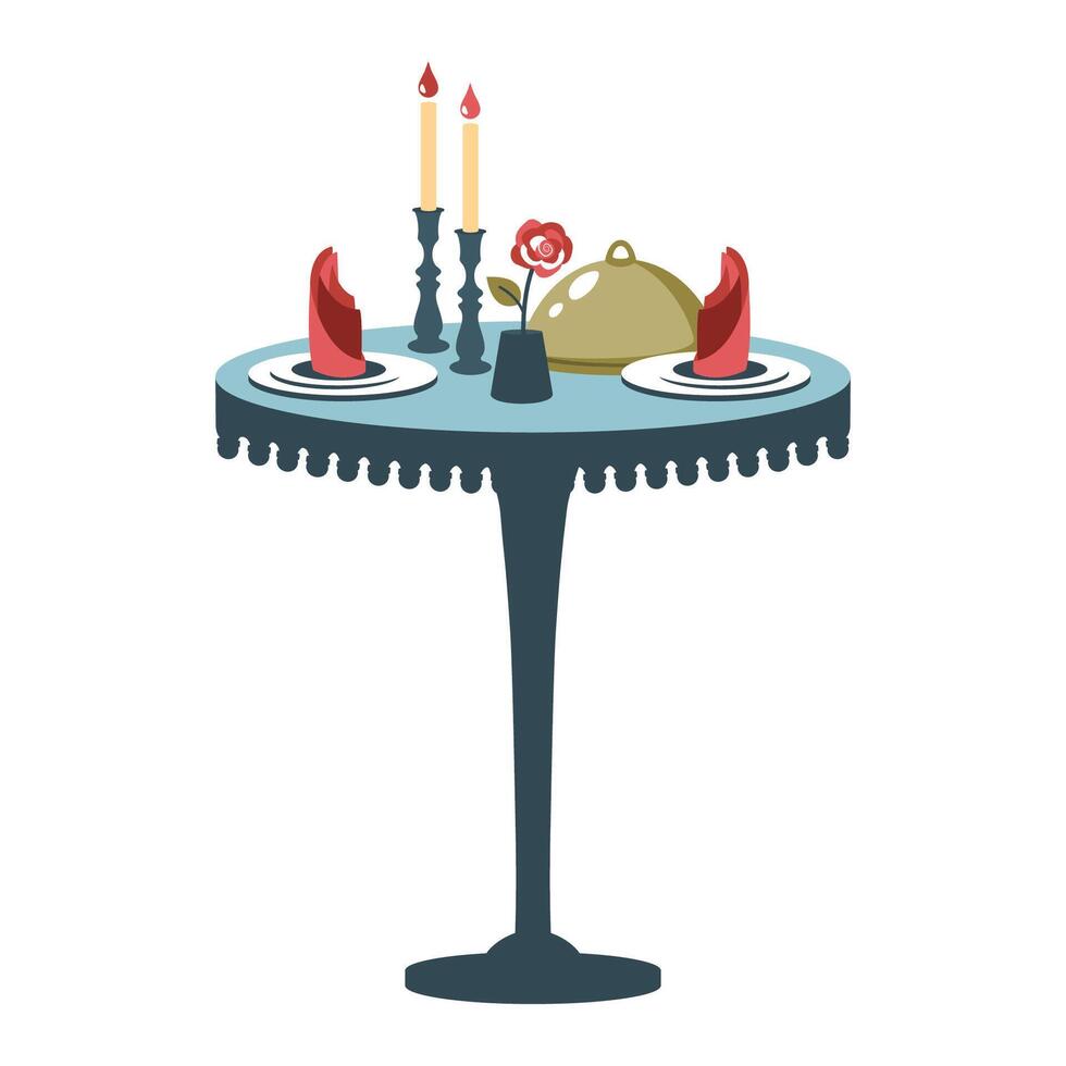 Romantic dinner. Festive table setting. Restaurant reservation. Table for two with cutlery, rose, candles in candlestick. cartoon illustration vector