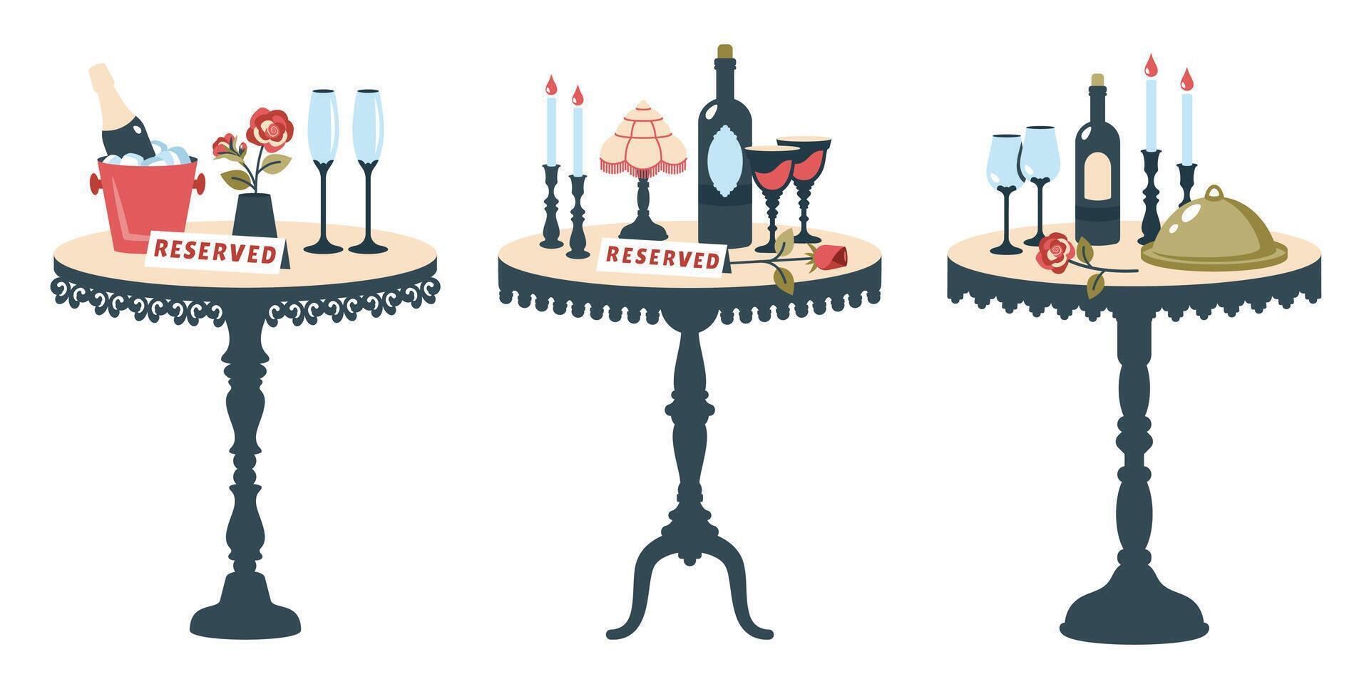Set of reserved tables for two. Beautiful romantic dinner. Romantic setting. Vintage Valentine table with cutlery, glasses, champagne, gift, candles in candlesticks, flower. flat illustration vector