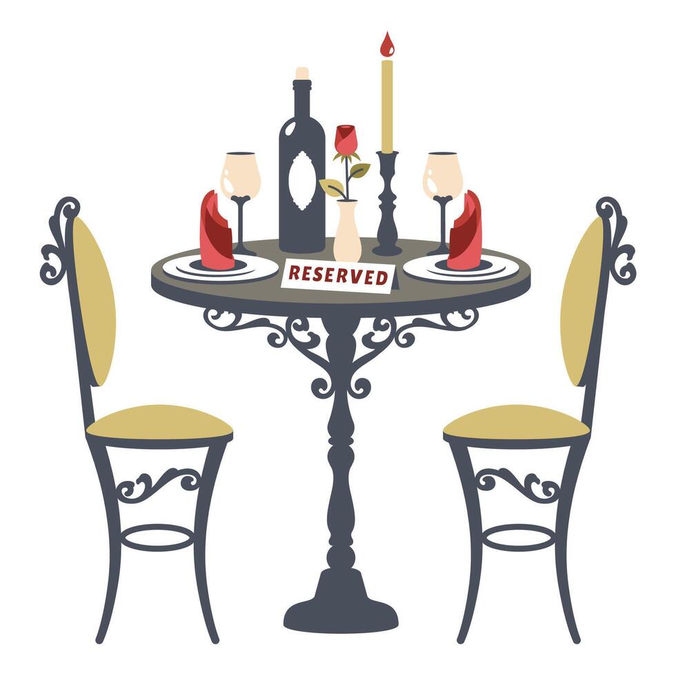 Valentine table. Romantic dinner. Vintage table and chairs with elegant luxury tableware. Restaurant table in romantic setting. Table for two with bottle of wine, glasses, rose, cutlery. vector