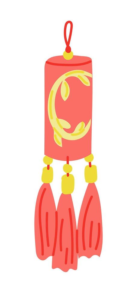 Simple red and yellow Chinese lantern with decorative tassels and traditional floral design. Hand drawn illustration isolated on white background. Chinese New Year item vector