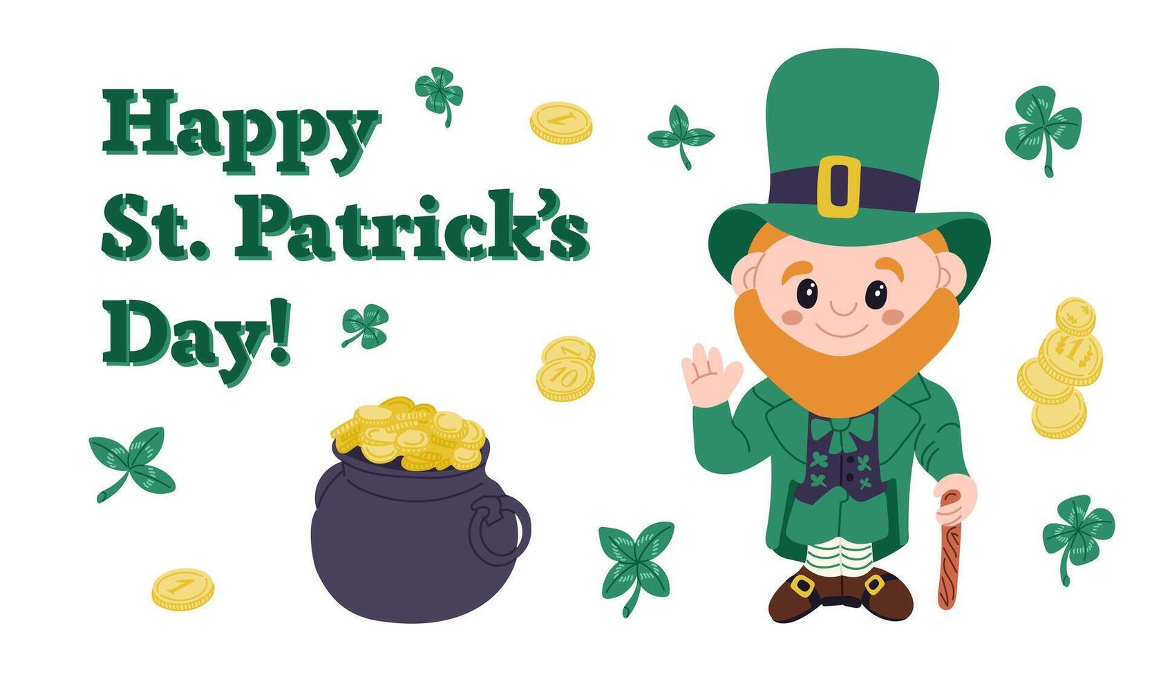 Colorful St. Patricks Day banner with cheerful leprechaun, gold coins, clovers, and festive typography isolated on white background vector