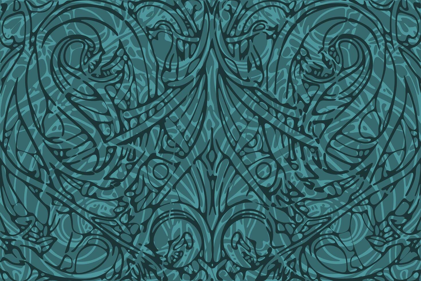Intricate teal pattern featuring stylized creatures and organic shapes vector