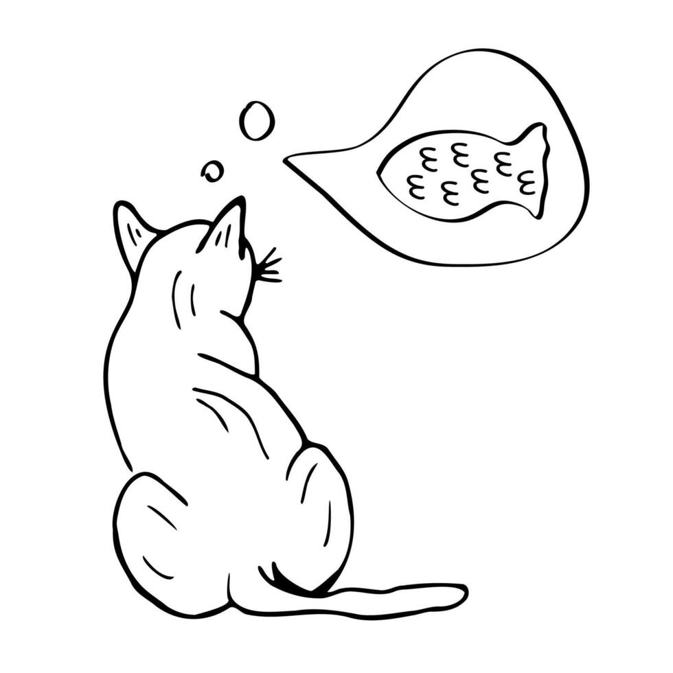A hungry cat is thinking about fish. illustration, hand-drawn contour silhouette of a cat. The concept of an animal shelter, cat food, a drawing with a place for text. vector