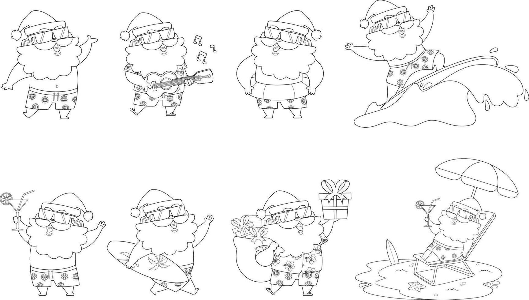 Outlined Summer Santa Claus Cartoon Character. Hand Drawn Collection Set vector