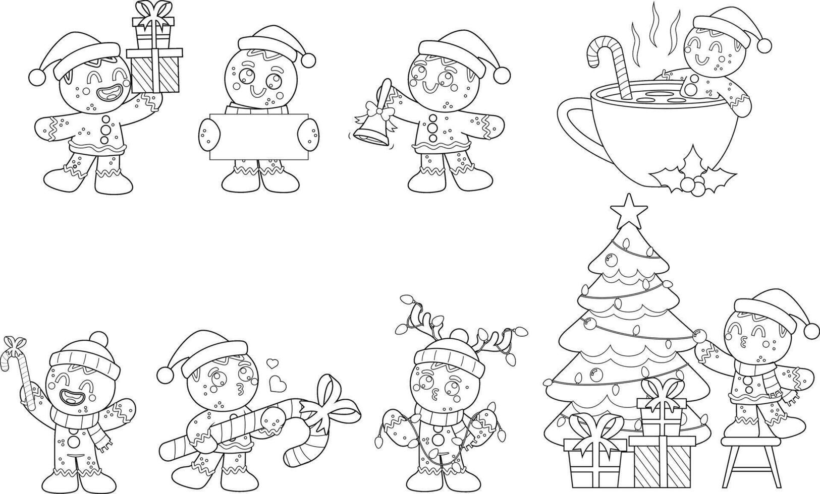 Outlined Christmas Gingerbread Man Cartoon Character In Different Poses. Hand Drawn Collection Set vector