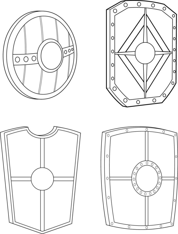 Outlined Cartoon Medieval Shields Weapons. Hand Drawn Collection Set vector