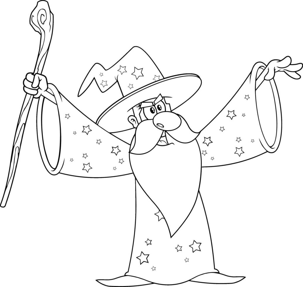 Outlined Old Wizard Cartoon Character With A Cane Making Magic vector