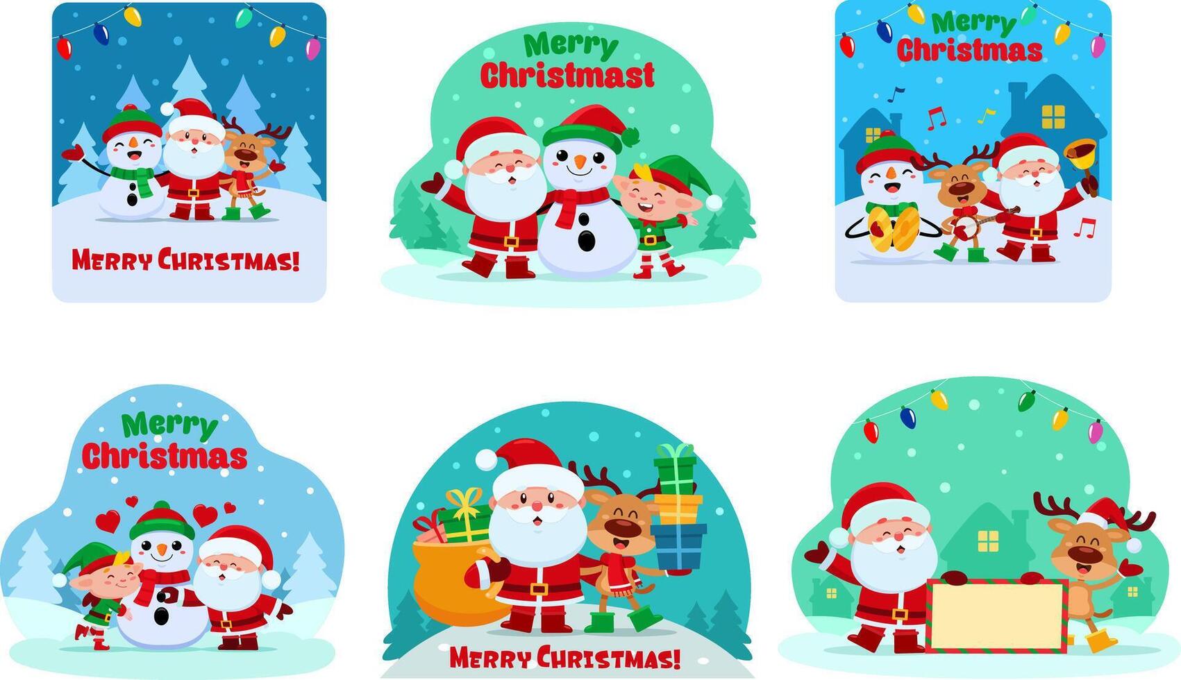 Merry Christmas Greeting Cards With Santa Claus, Reindeer, Snowman And Elf. Hand Drawn Collection Set With Winter Backgrounds vector