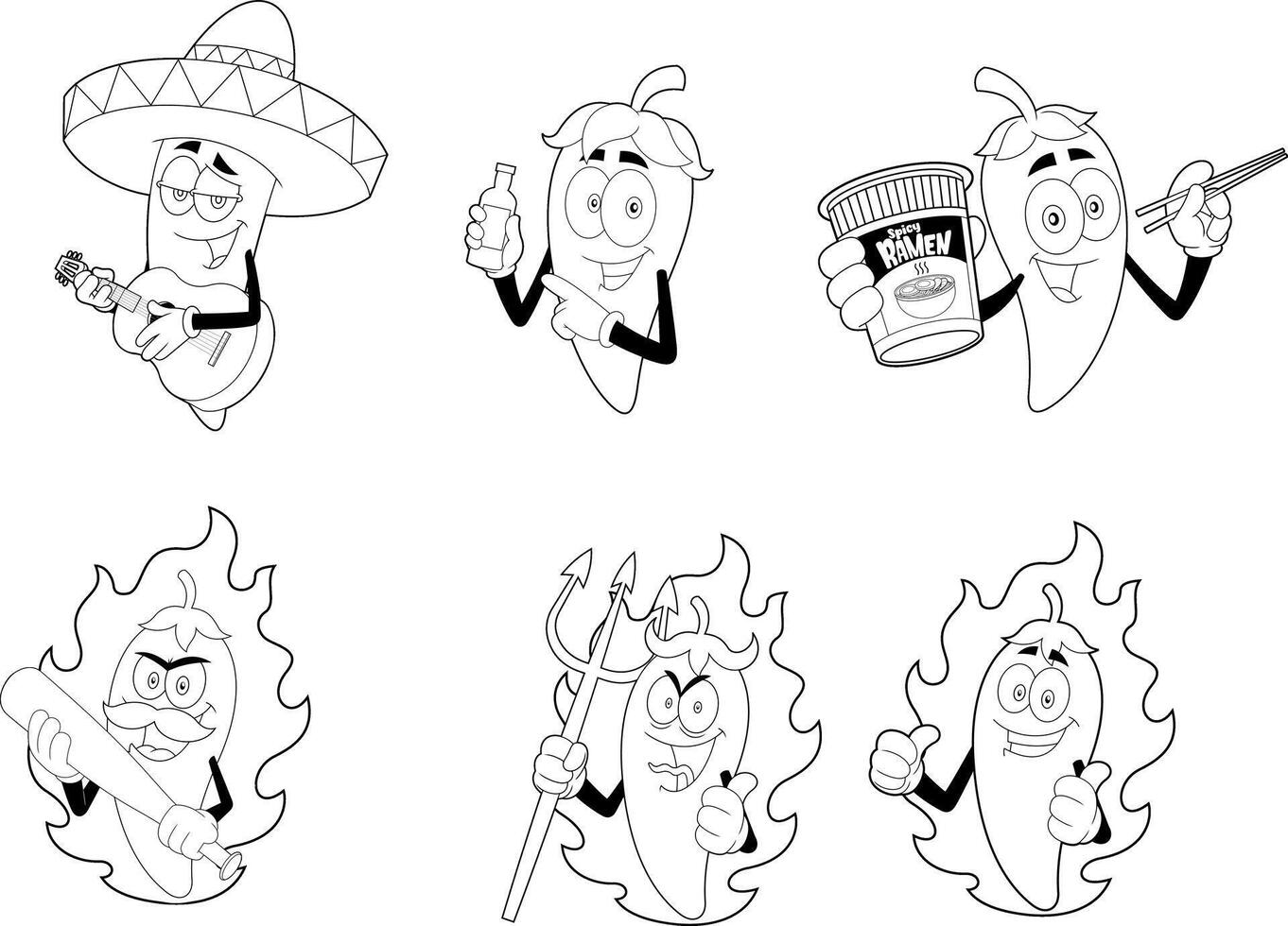 Outlined Funny Hot Chili Pepper Cartoon Characters. Collection Set vector