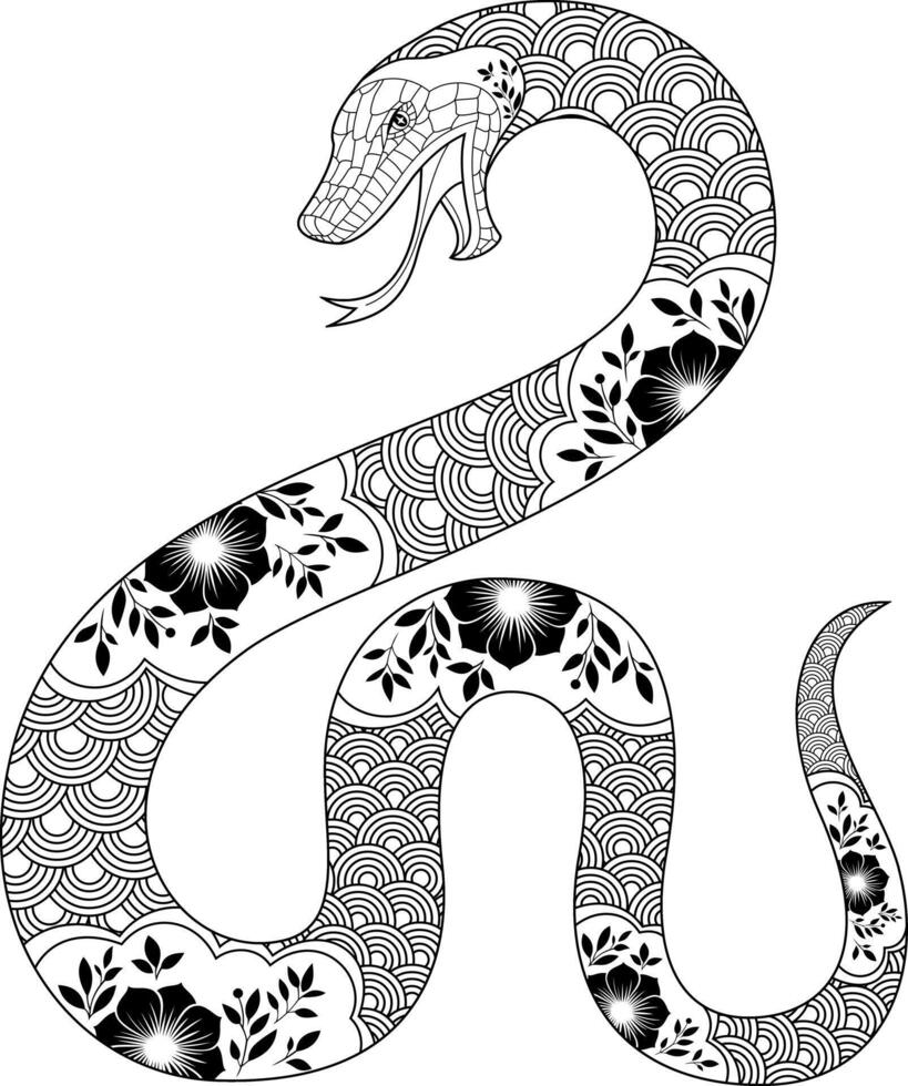 Black And White Snake Illustration Chinese New Year Symbol 2025. Hand Drawn Illustration Isolated On Transparent Background vector