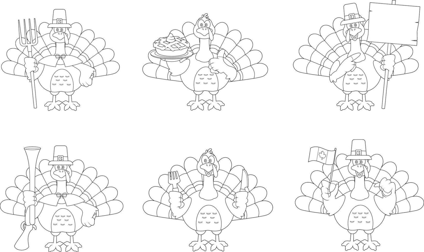 Outlined Thanksgiving Turkey Bird Cartoon Character. Hand Drawn Collection Set Isolated On Transparent Background vector
