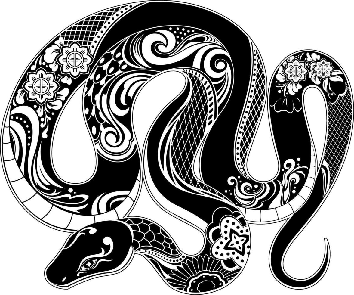 Year of the Snake 2025 Traditional Chinese Black Snake With Decorative Floral Patterns vector