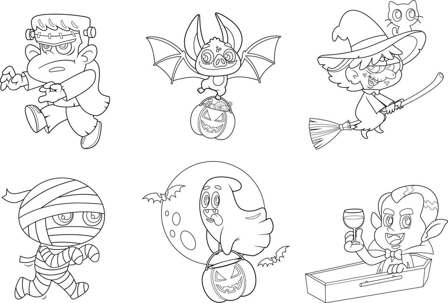Outlined Funny Halloween Cartoon Characters. Hand Drawn Collection Set vector