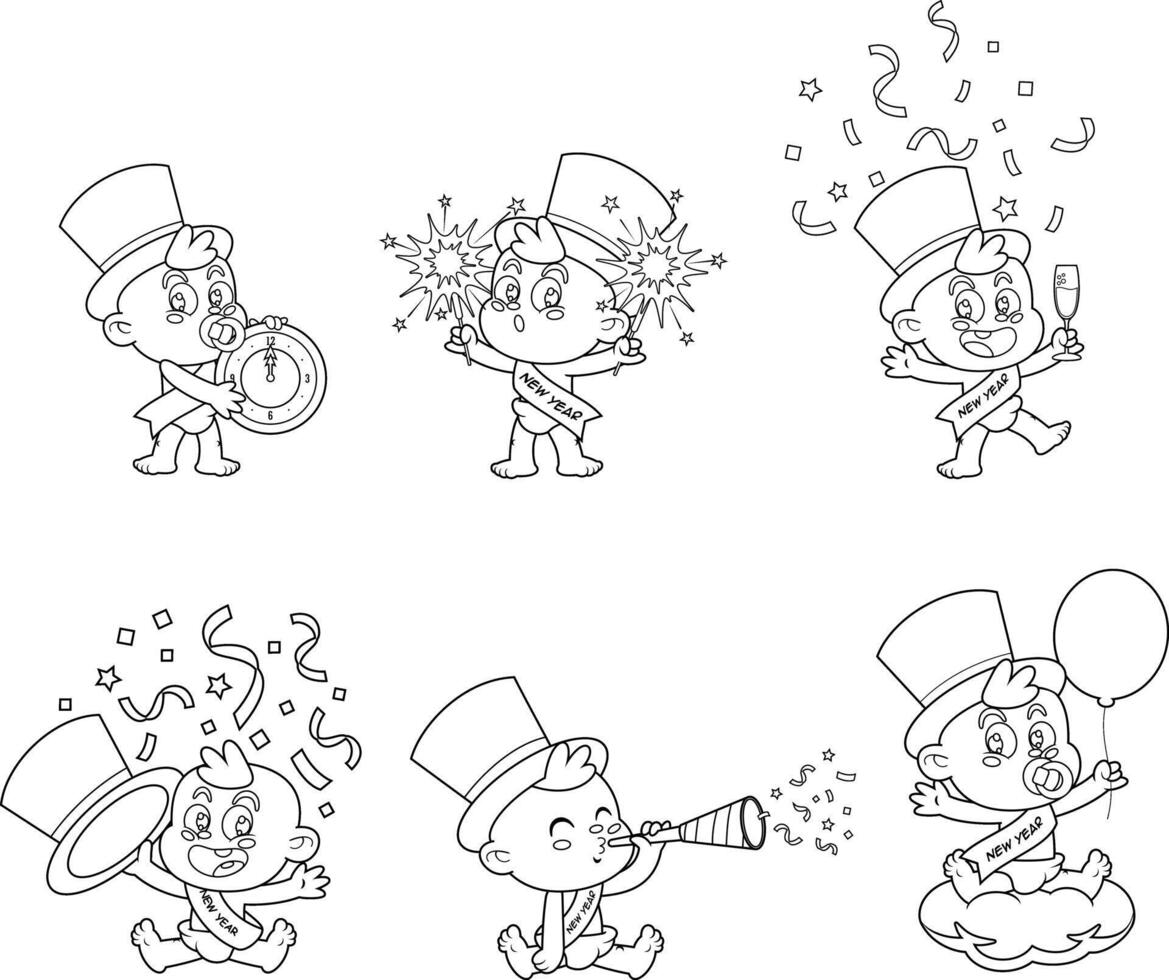 Outlined Cute New Year Baby Cartoon Character. Hand Drawn Collection Set vector