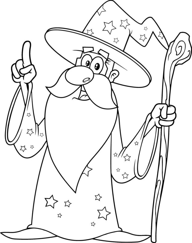 Outlined Old Wizard Cartoon Character With A Cane Pointing vector